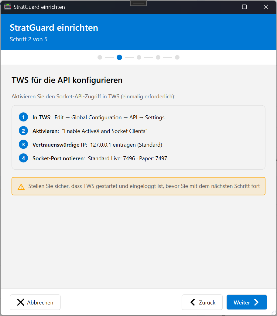 Wizard – Schritt TWS vorbereiten